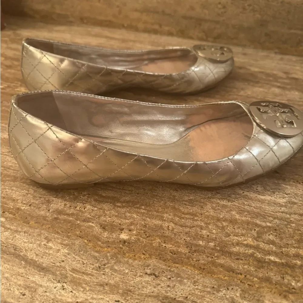 Tory Burch Quilted Silver Quinn ballet flats